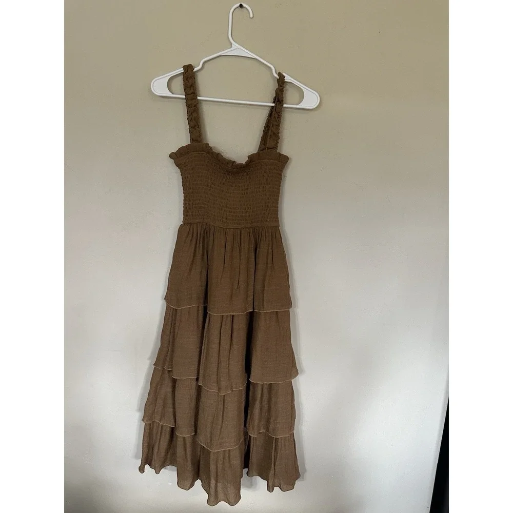 Women's Fashion‎ Nova Brown Ruffle Layered Square Neck Maxi Dress Sleeveless XS